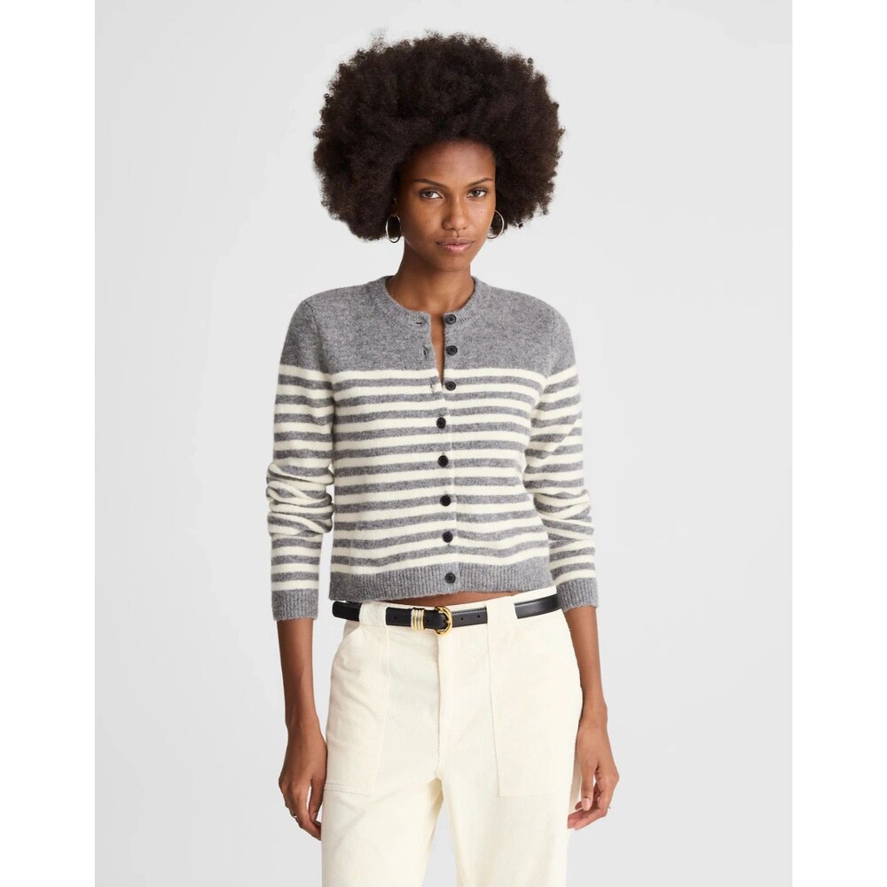 MADEWELL Cloudsoft Shrunken Cardigan M Hthr Gray Stripe Wool Blend Slim EUC B64